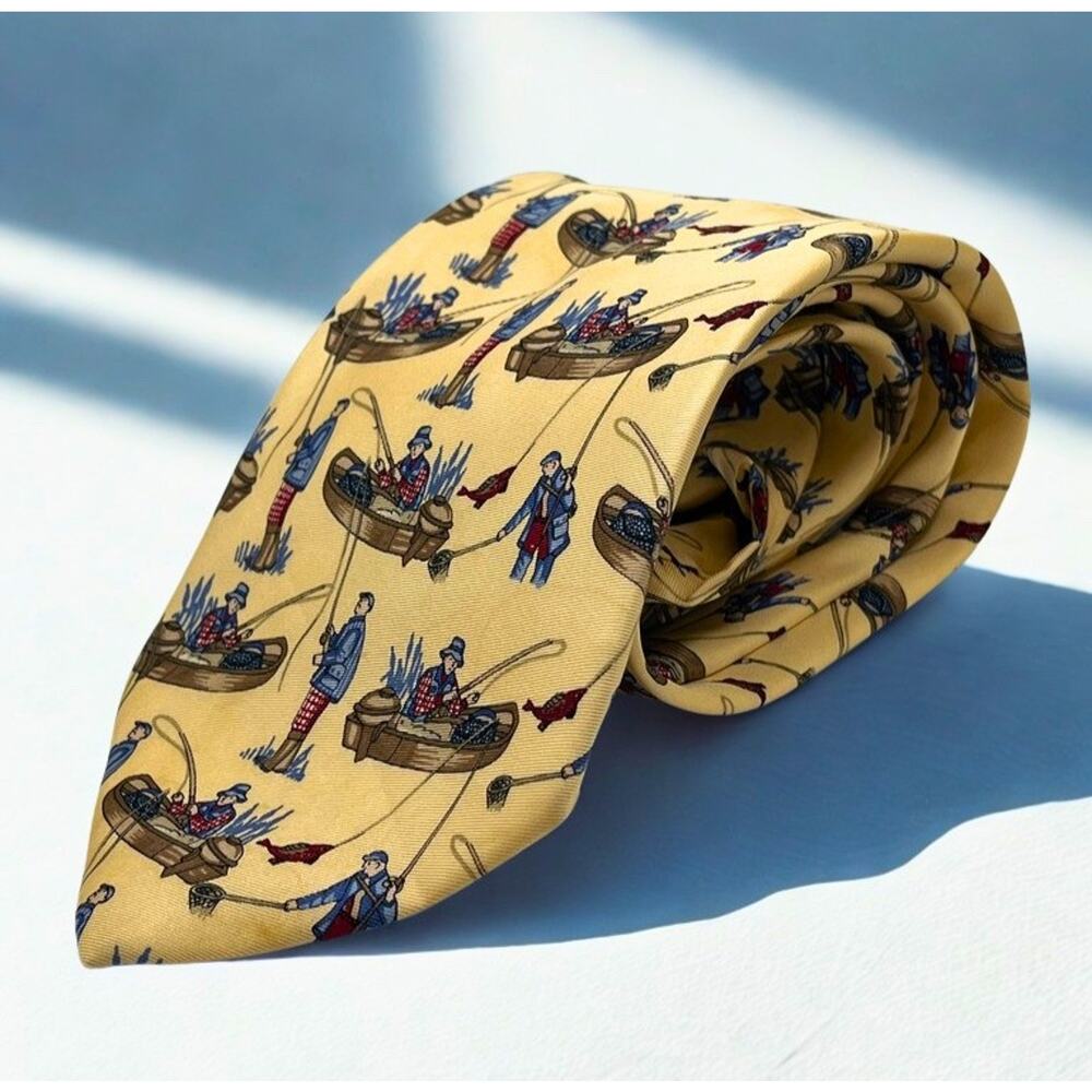 Burberry Silk Tie Fishing Fly Fisherman Scene Yellow Made In Italy Luxury